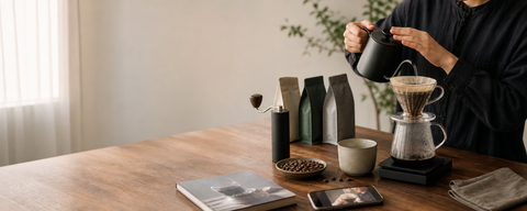 Beans. Coffee Schoolのコーヒー豆、ドリッパー、教材を並べたメインビジュアル