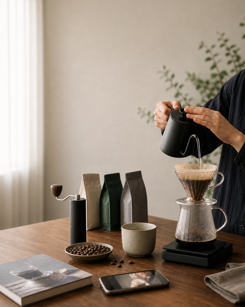Beans. Coffee Schoolのコーヒー豆、ドリッパー、教材を並べたスマートフォン向けビジュアル