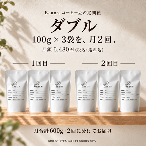 ダブル：白い100g袋を3袋ずつ、1回目と2回目の2組で表示。月2回、月合計600g。月額6,480円、税込・送料込み。