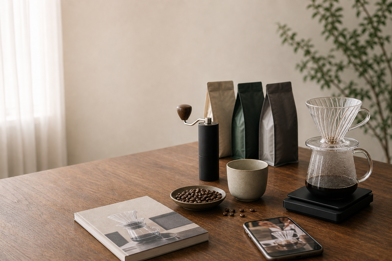 コーヒー器具、3種類のコーヒー豆、教材、スマートフォンを並べたBeans. Coffee Schoolの学習セット